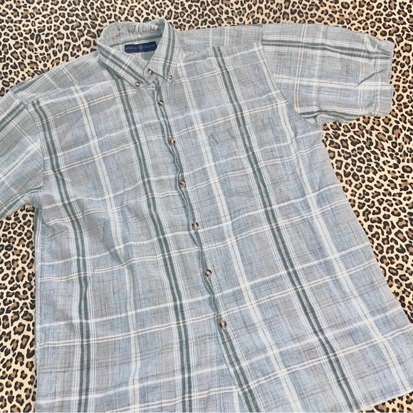 Vintage 90s Shirt World Island Plaid Muted Chest Pocket Short Sleeved Collared - Picture 2 of 6